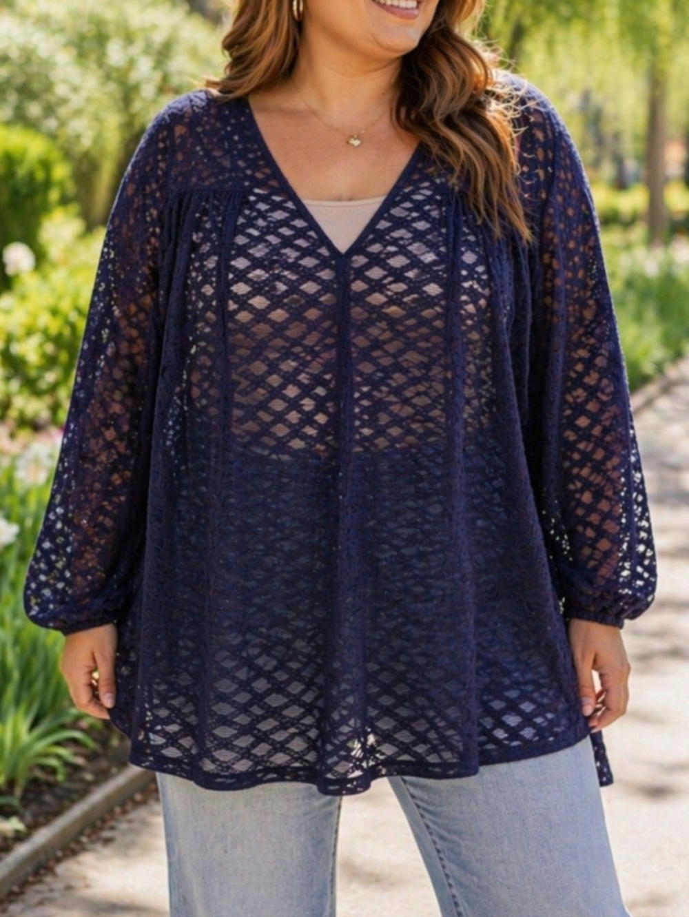 Penningtons Oversized Sheer Mesh Tunic Top Blue Long Sleeve Plus Size Boho
